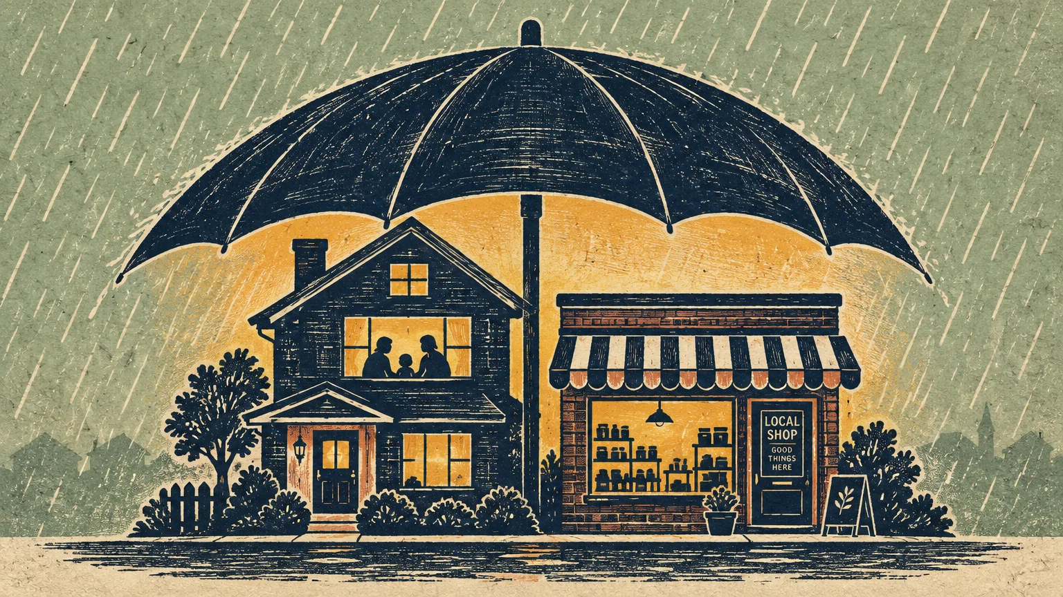 Illustration of a large black umbrella sheltering a lit two-story house and a small brick local shop from pouring rain.
